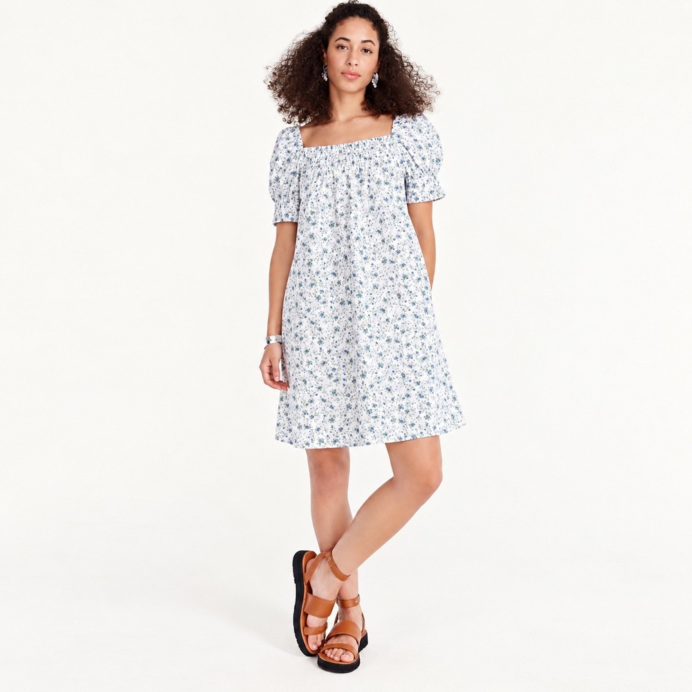 J. Crew Floral Smocked Puff Sleeve Cotton Mini Dress Blue White Size M